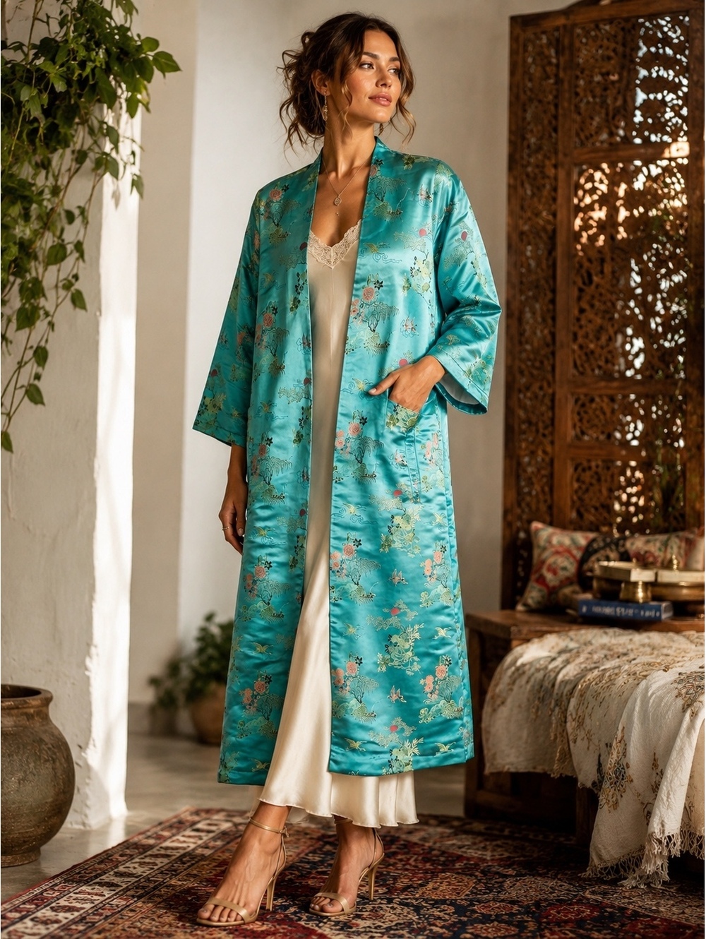 Free People Turquoise Satin Jacquard Kimono Duster Jacket M